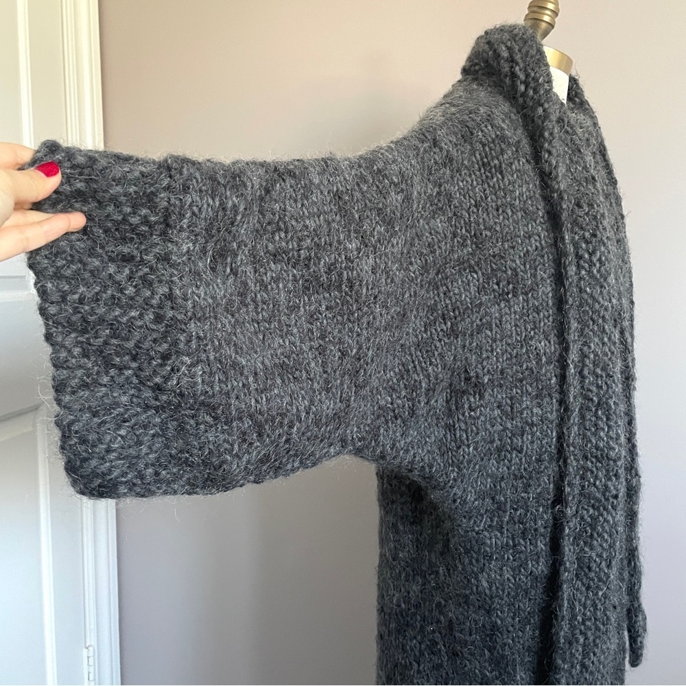 Handmade Gray Chunky Knit Long Cardigan w/ Attached Scarf - Medium - Picture 8 of 12